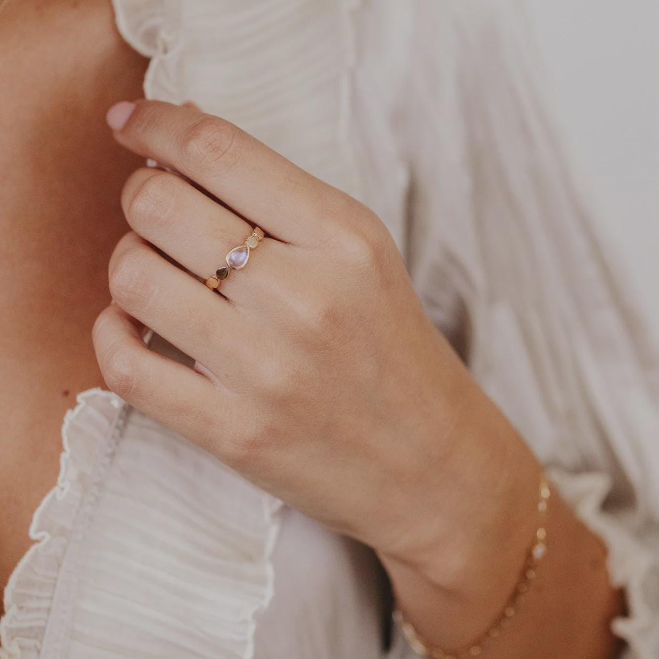 Pear Cut Rainbow Moonstone Eternity Band Silver Teardrop Ring | Anima jewels