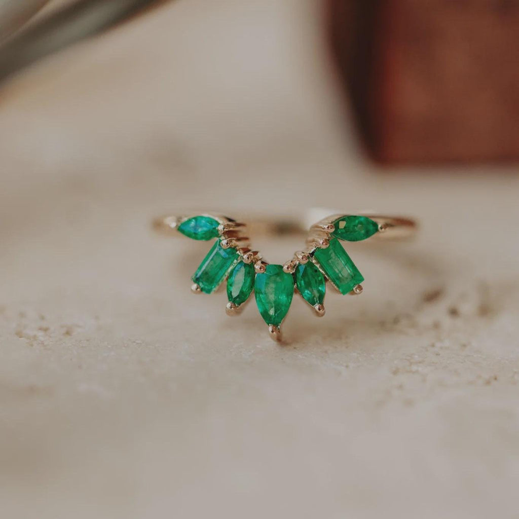 Emerald Sunburst Wedding Band Silver Marquise & Baguette Ring | Anima jewels