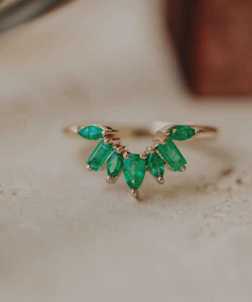Emerald Sunburst Wedding Band Silver Marquise & Baguette Ring | Anima jewels