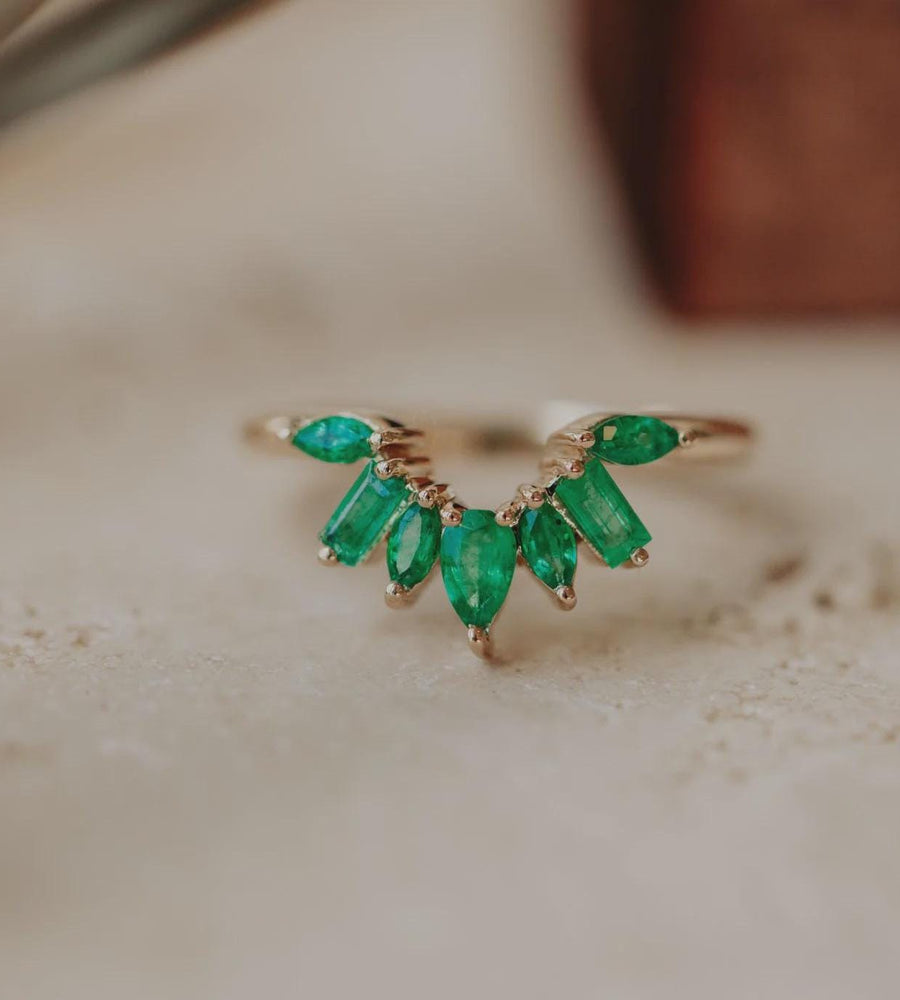 Emerald Sunburst Wedding Band Silver Marquise & Baguette Ring | Anima jewels