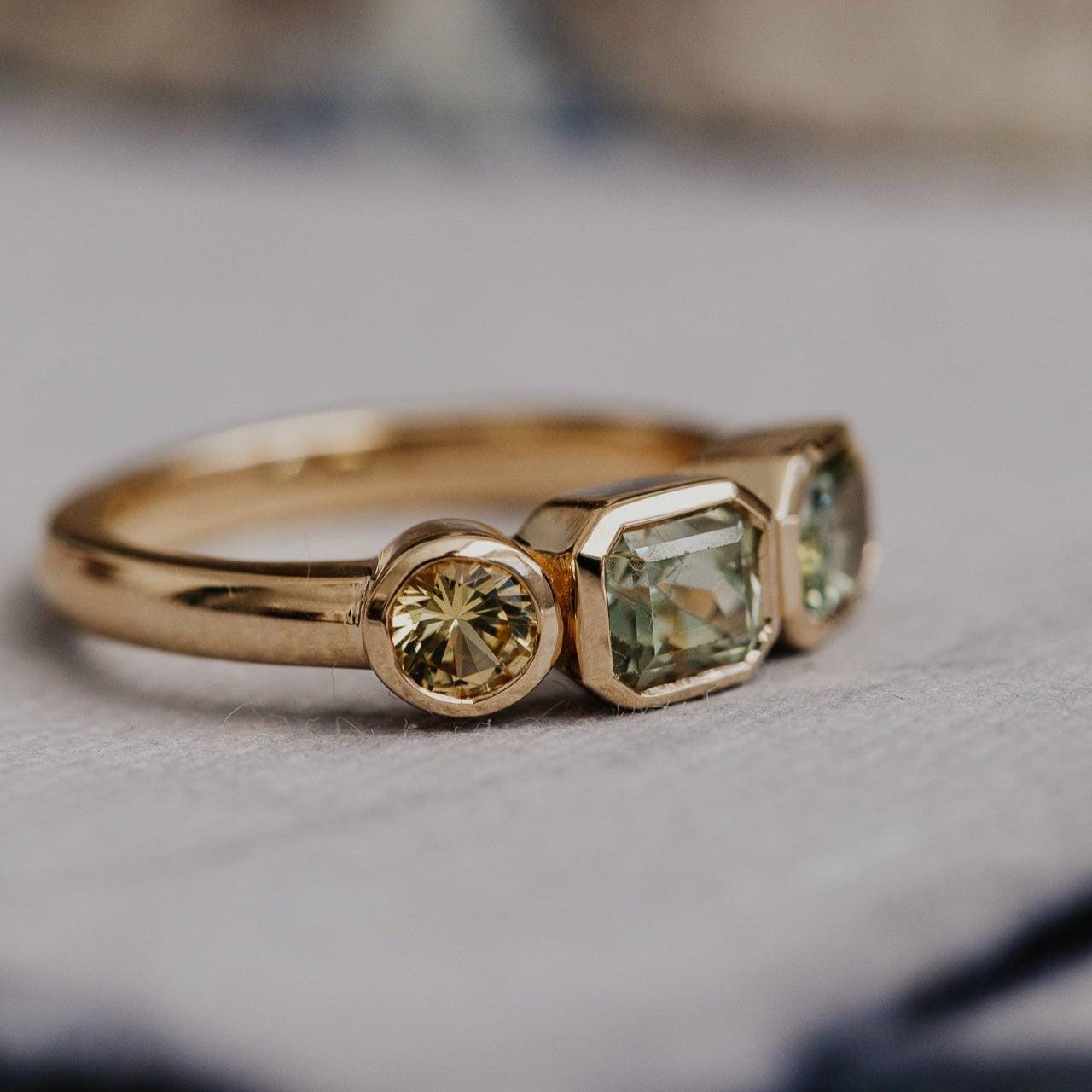 Montana Sapphire Three-Stone Bezel Ring Silver Engagement Band | Anima jewels