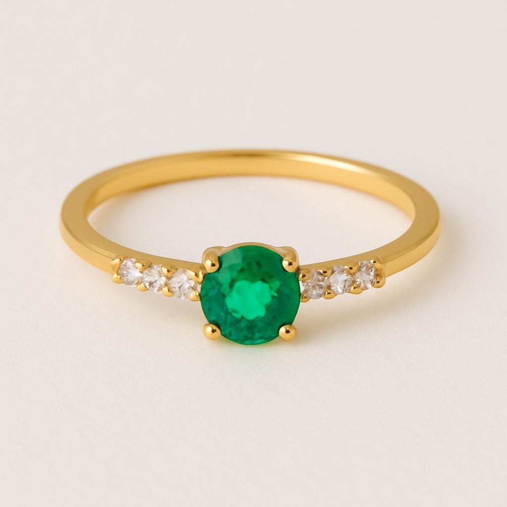6mm Emerald & Diamond Ring | 925 Sterling Silver May Birthstone Band | Anima jewels