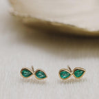 Emerald Duo Pear Stud Earrings, Solid 14k Gold Two Stone Piercing, Minimalist Pear Cut Emerald Earrings for Women, May Birthstone Gift