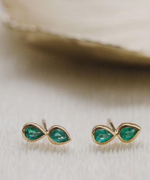 Emerald Duo Pear Stud Earrings, Solid 14k Gold Two Stone Piercing, Minimalist Pear Cut Emerald Earrings for Women, May Birthstone Gift