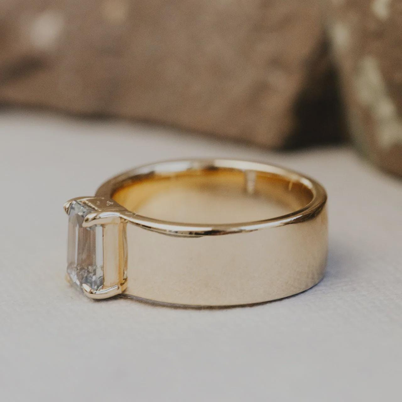 Emerald Cut Aquamarine Cigar Band Silver Statement Ring | Anima jewels