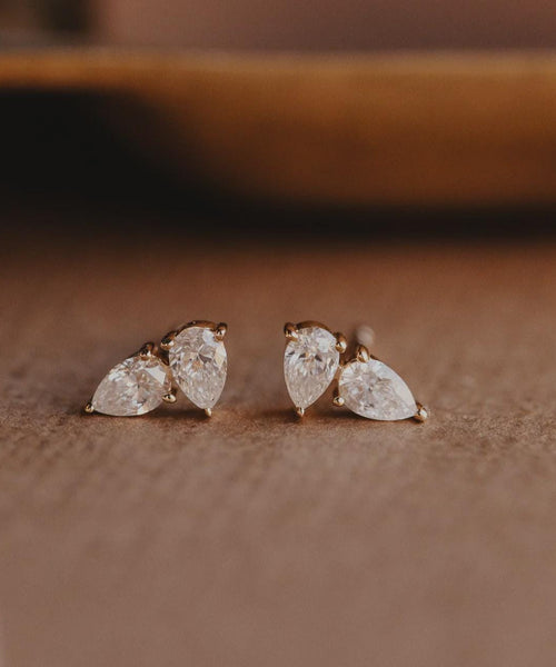 Duo Pear Diamond Stud Earrings in Solid 14k Gold | Anima Jewels