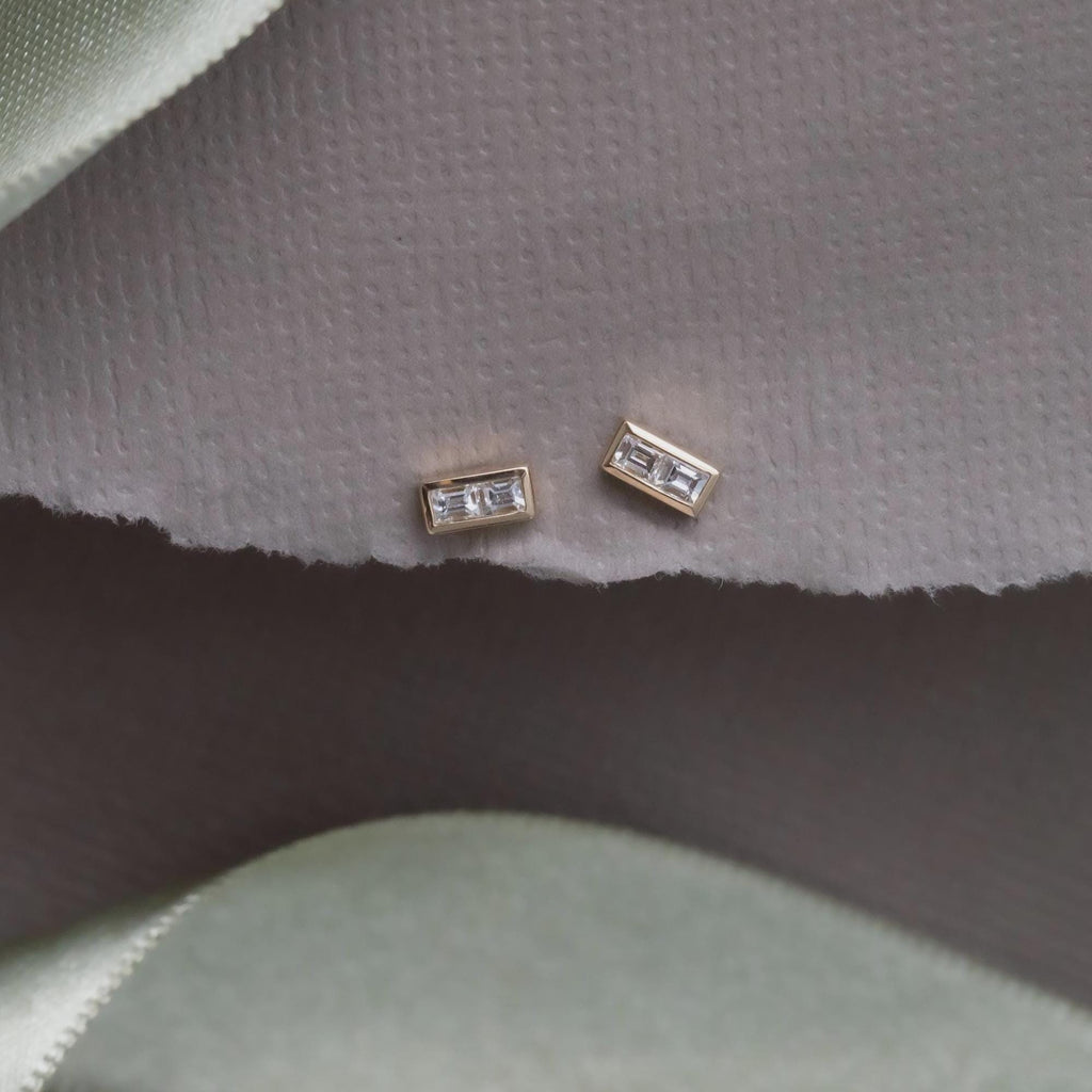 Double Baguette Diamond Bezel Earrings 14k Gold | Anima jewels