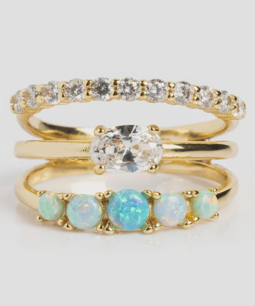Dainty White Opal & CZ Stacking Ring | Sterling Silver or 14K Gold | Anima jewels