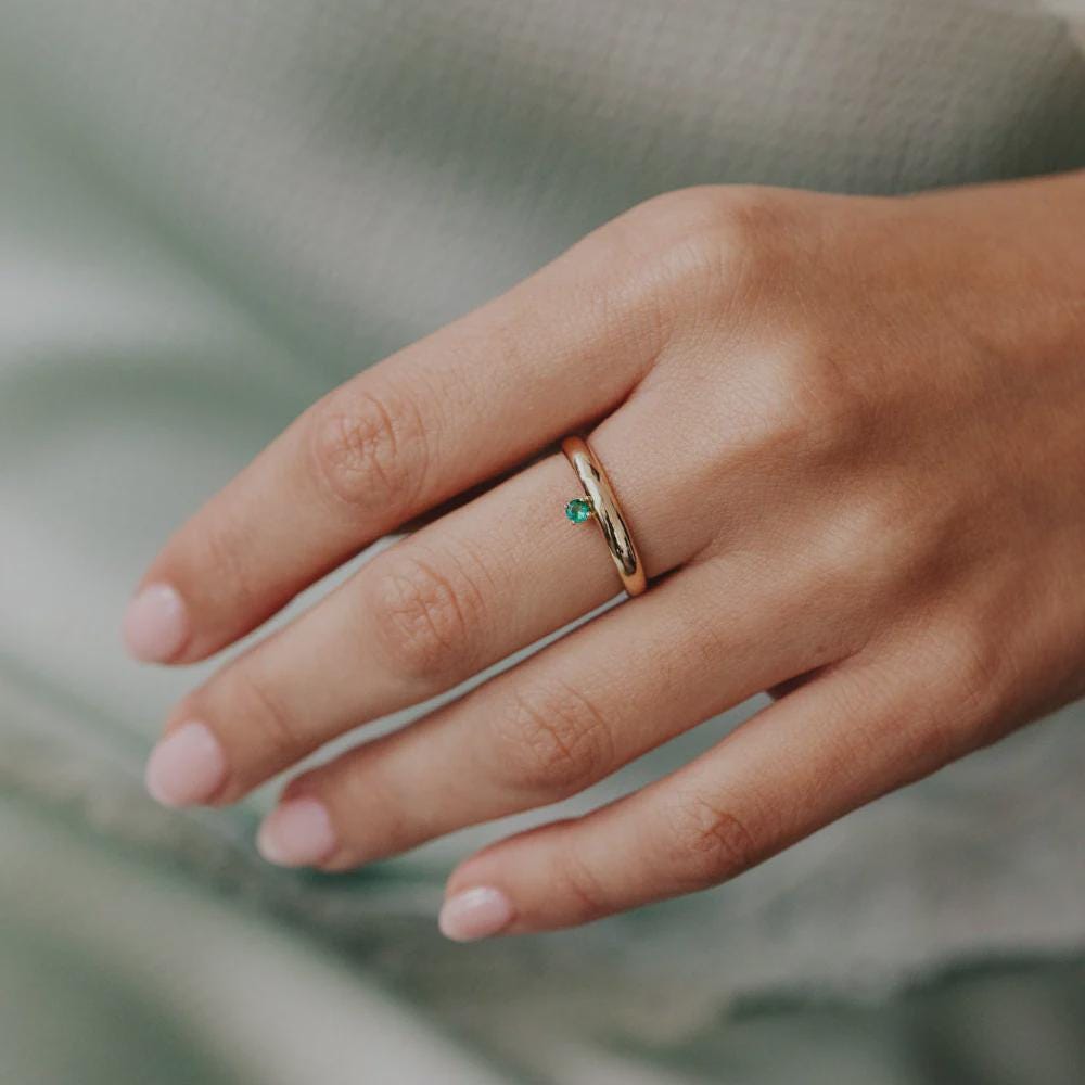 Emerald Solitaire Dainty Ring Silver Minimalist Stacking Band | Anima jewels