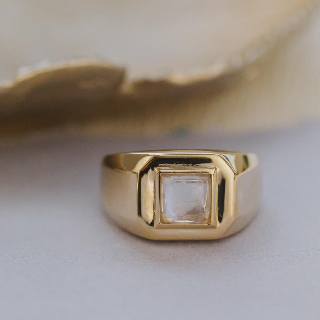 Square Cut Moonstone Signet Ring Silver Wide Band | Anima jewels