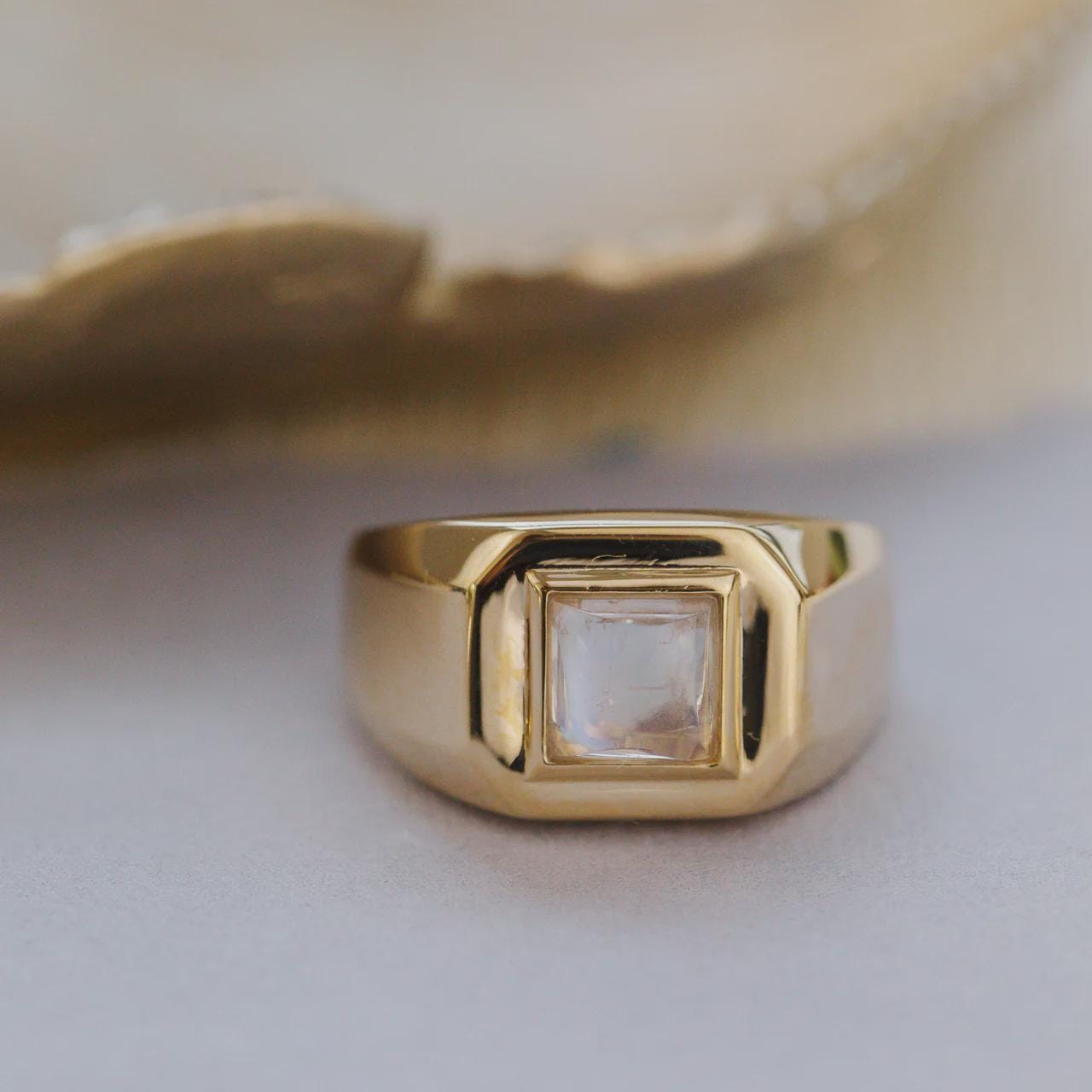 Square Cut Moonstone Signet Ring Silver Wide Band | Anima jewels