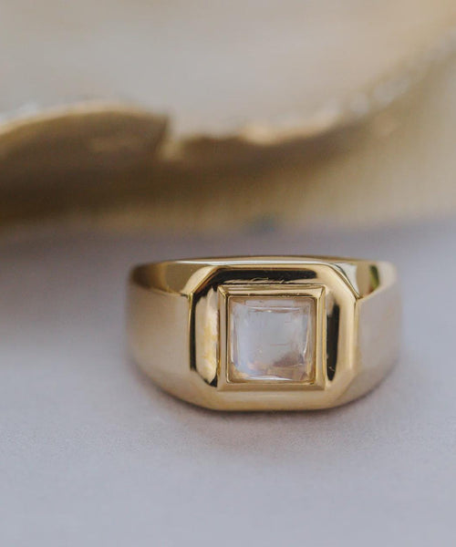 Square Cut Moonstone Signet Ring Silver Wide Band | Anima jewels