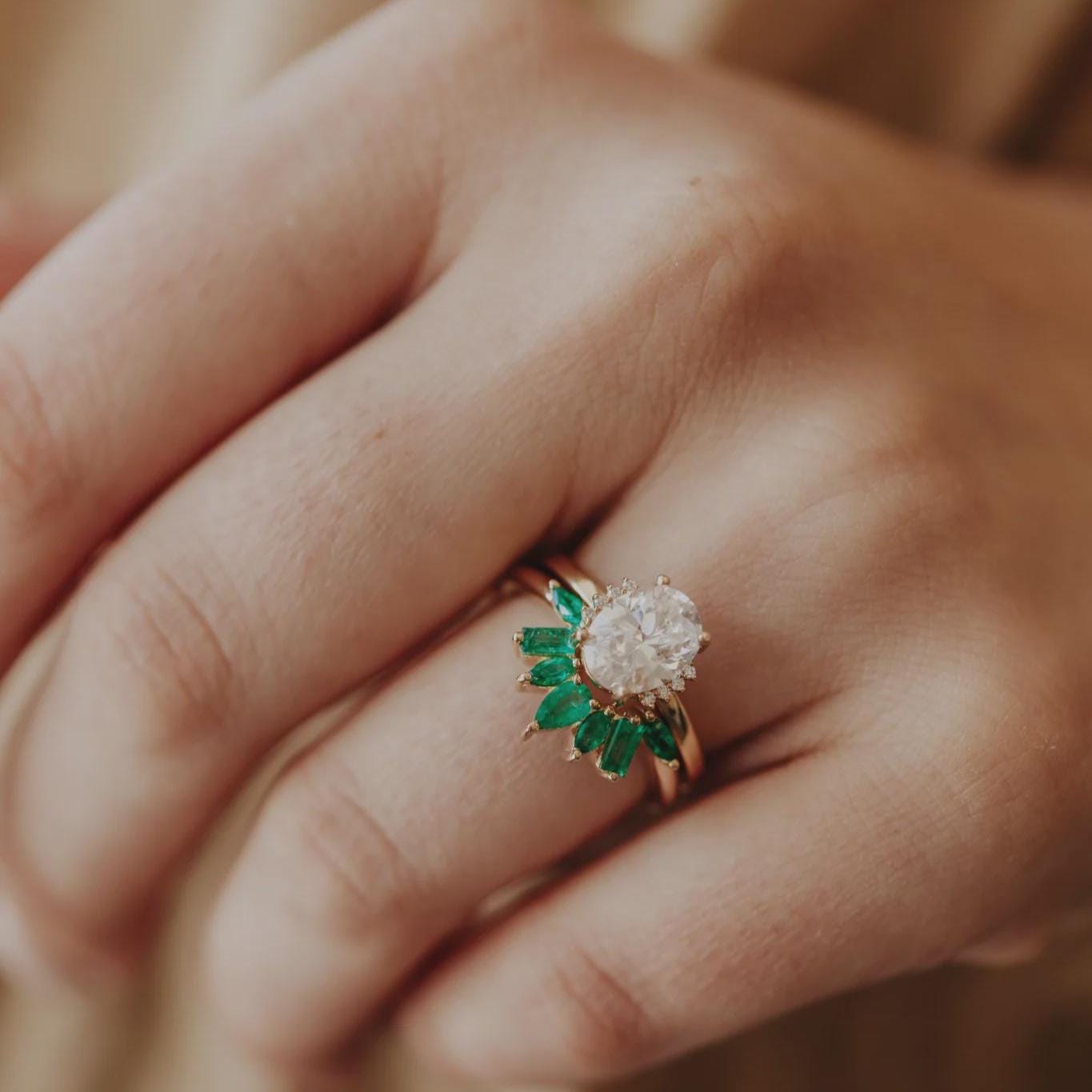 Emerald Sunburst Wedding Band Silver Marquise & Baguette Ring | Anima jewels
