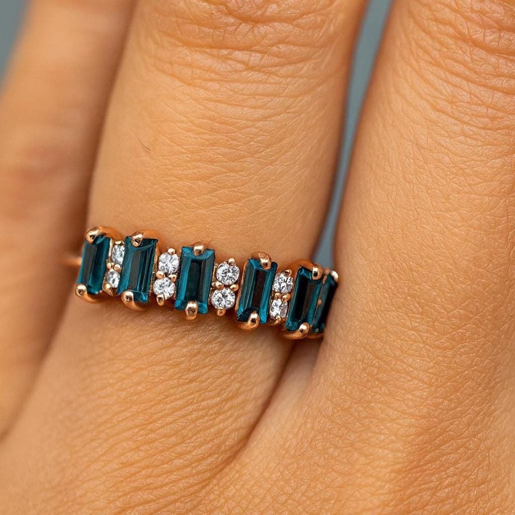 Baguette London Blue Topaz Wedding Band | Diamond Half Eternity Ring | Anima jewels