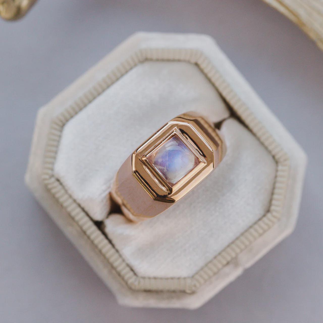 Square Cut Moonstone Signet Ring Silver Wide Band | Anima jewels