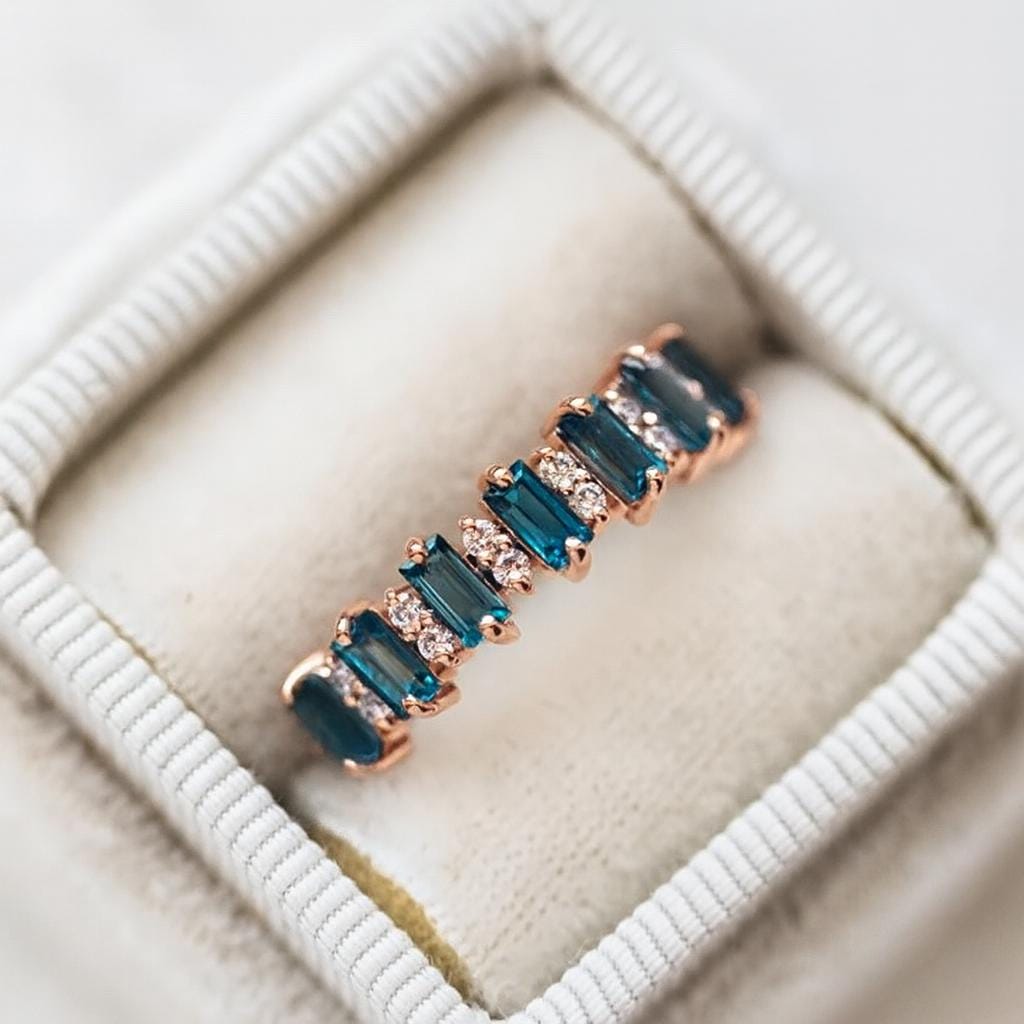 Baguette London Blue Topaz Wedding Band | Diamond Half Eternity Ring | Anima jewels