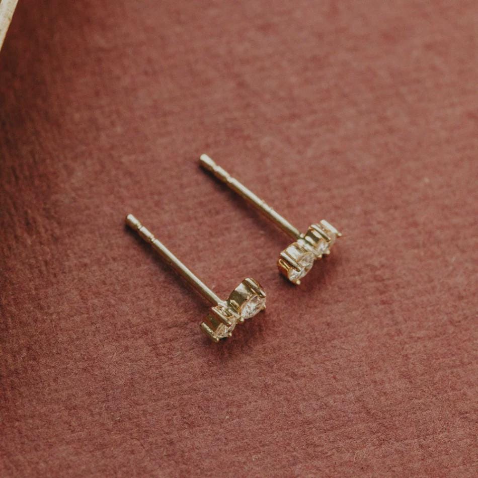 Duo Prong Round Diamond Stud Earrings in Solid 14k Gold | Anima Jewels