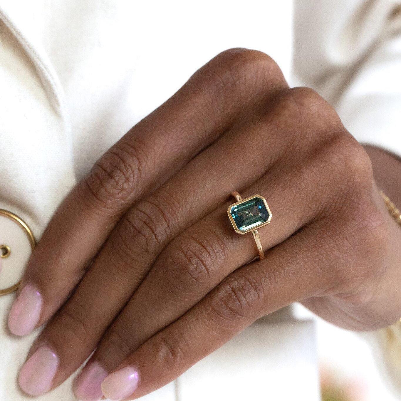 Emerald Cut Montana Sapphire Solitaire Silver Engagement Ring | Anima jewels