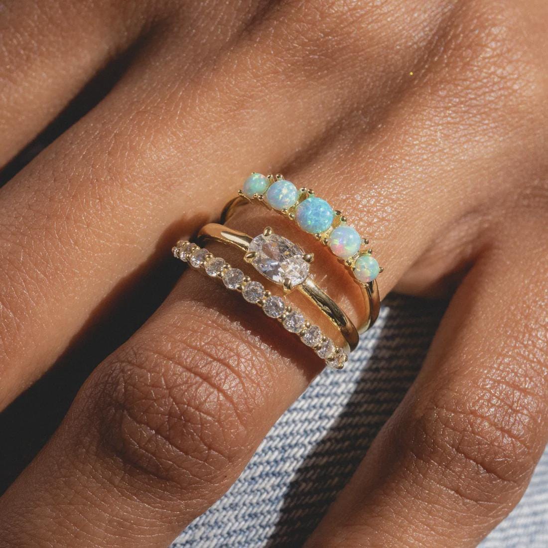 Dainty White Opal & CZ Stacking Ring | Sterling Silver or 14K Gold | Anima jewels