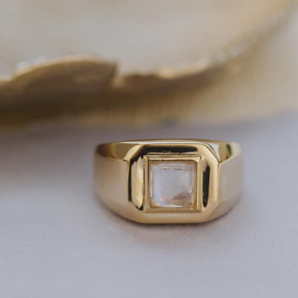 Square Cut Moonstone Signet Ring Silver Wide Band | Anima jewels