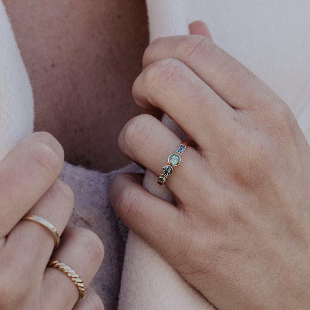 Geometric Hexagon Montana Sapphire Silver Engagement Ring | Anima jewels