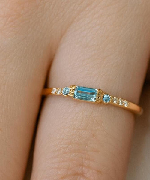 Aquamarine Baguette Ring | 14K Solid Rose Gold Dainty Stacking Band | Anima jewels