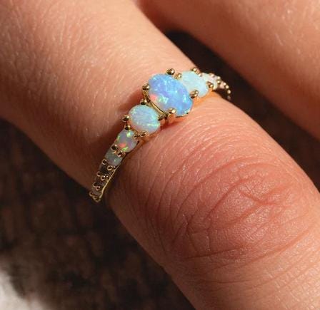 Vintage Oval Opal Engagement Ring | 925 Sterling Silver Halo Band | Anima jewels
