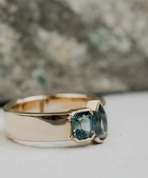 Pear & Octagon Montana Sapphire Ring | 14K Gold Alternating Stacking Band | Anima jewels