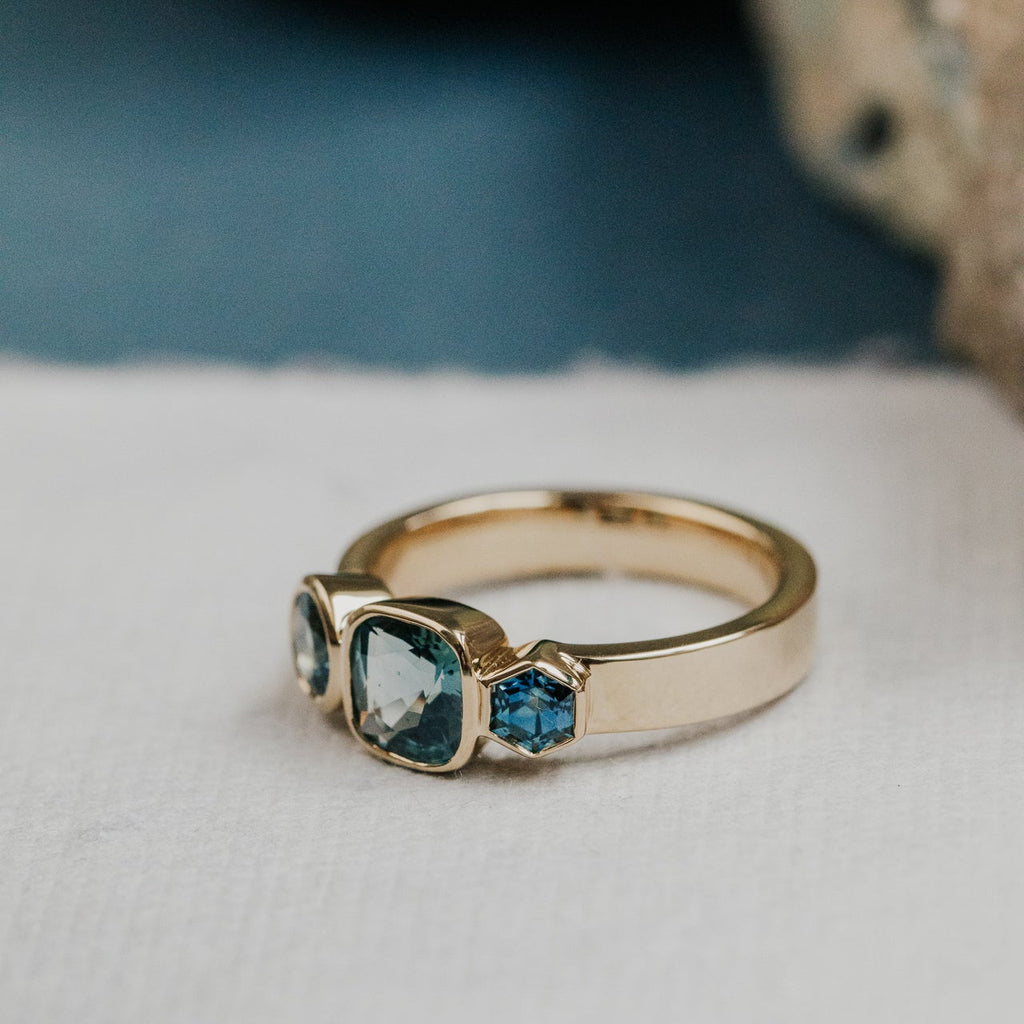 Hexagon Montana Sapphire Ring Silver Geometric Sapphire Engagement Ring Unique Birthstone Jewelry Modern Ring for Her Handmade Sapphire Ring