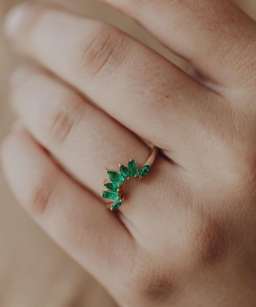 Emerald Sunburst Wedding Band Silver Marquise & Baguette Ring | Anima jewels