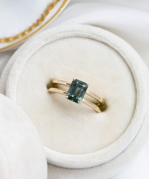 Montana Sapphire Emerald Cut Ring 14k Gold Double Band | Anima jewels
