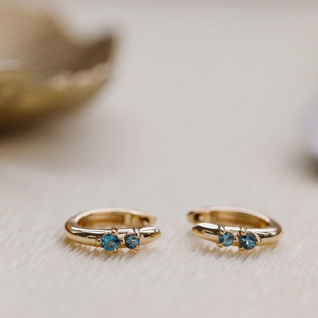 London Blue Topaz Duo Huggie Hoops in 14k Gold Plated Silver | Anima Jewels