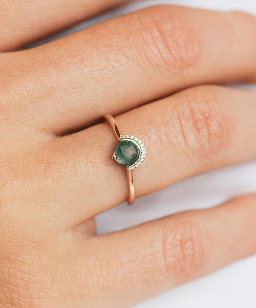 Moss Agate Ring with Diamond Accents | 925 Sterling Silver Engagement Ring | Anima