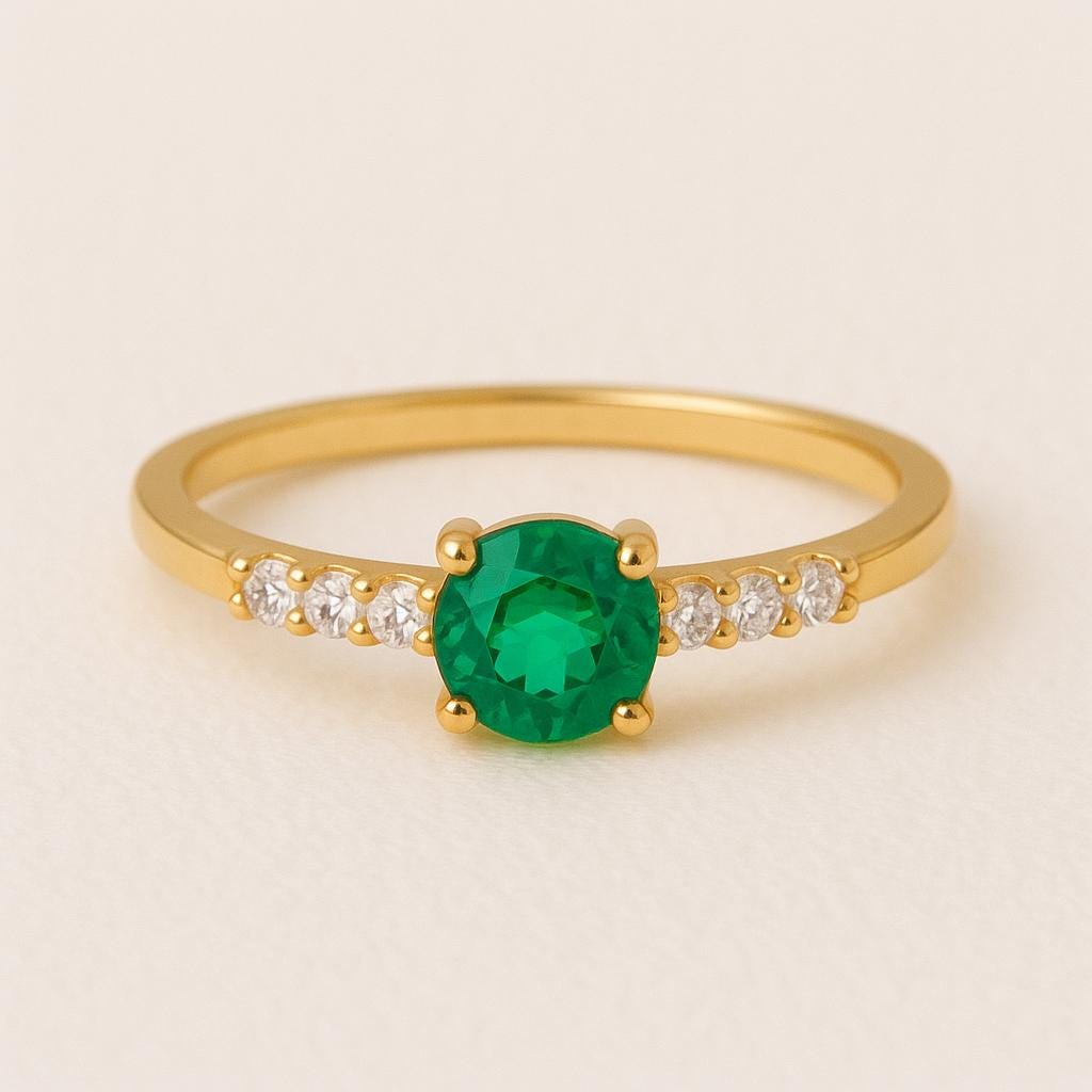6mm Emerald & Diamond Ring | 925 Sterling Silver May Birthstone Band | Anima jewels