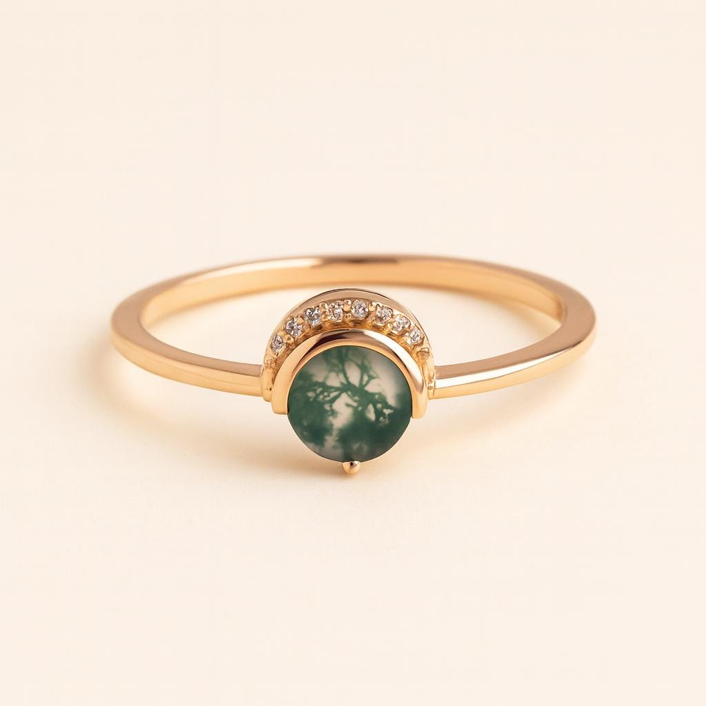 Moss Agate Ring with Diamond Accents | 925 Sterling Silver Engagement Ring | Anima