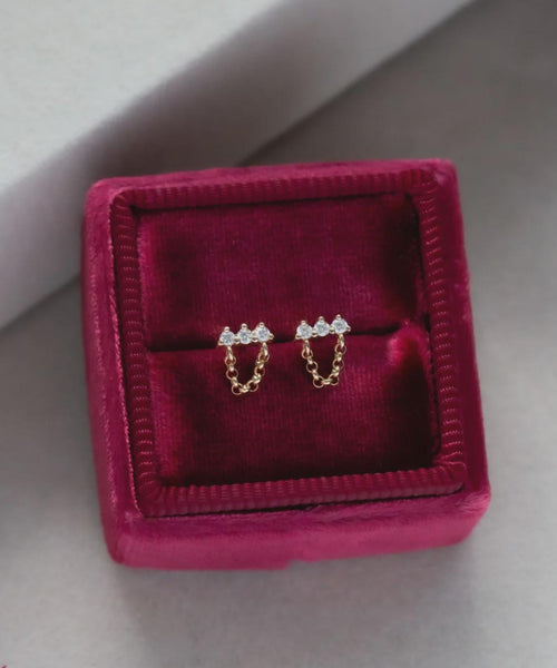 Diamond Cluster Chain Earrings, Solid 14k Gold Dainty Studs with Chain, Minimalist Diamond Earrings Three Stone Stacking Studs Gift for Her