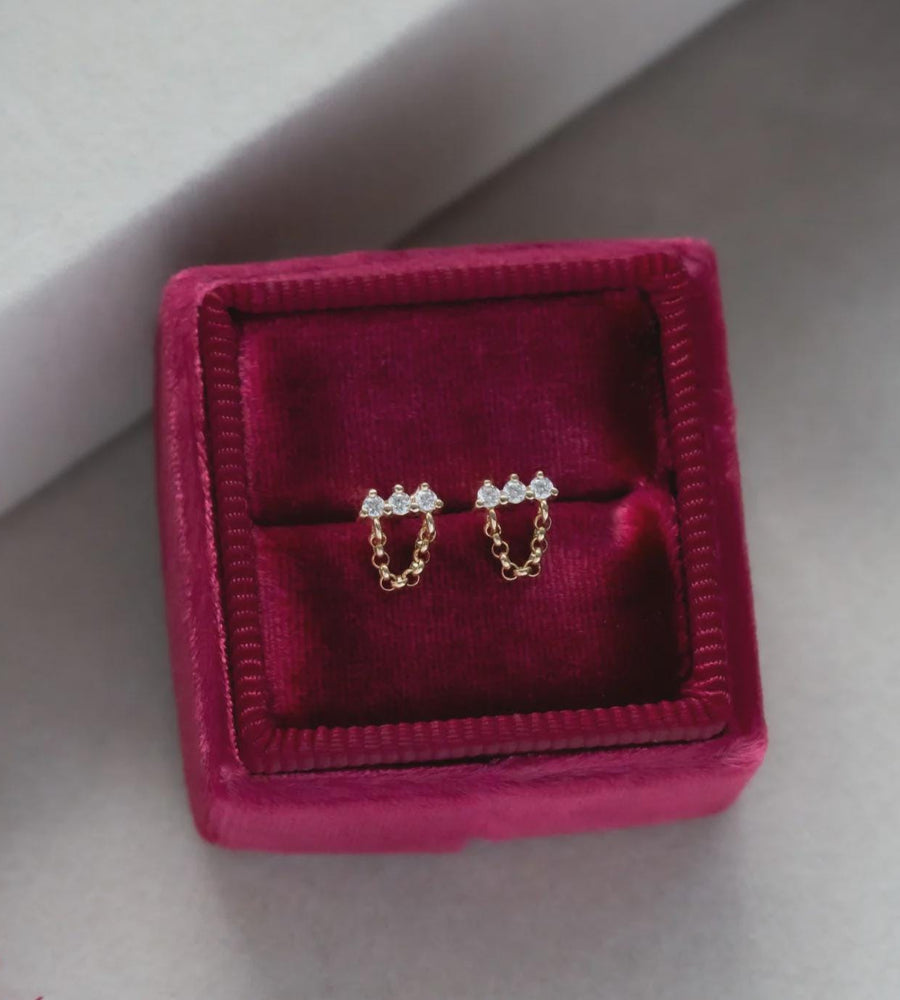 Diamond Cluster Chain Earrings, Solid 14k Gold Dainty Studs with Chain, Minimalist Diamond Earrings Three Stone Stacking Studs Gift for Her