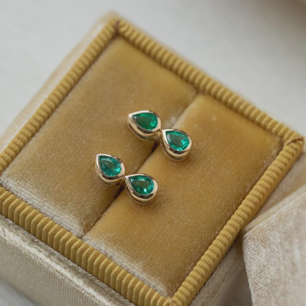 Emerald Duo Pear Stud Earrings, Solid 14k Gold Two Stone Piercing, Minimalist Pear Cut Emerald Earrings for Women, May Birthstone Gift