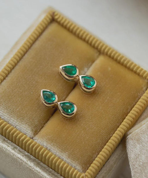Emerald Duo Pear Stud Earrings, Solid 14k Gold Two Stone Piercing, Minimalist Pear Cut Emerald Earrings for Women, May Birthstone Gift