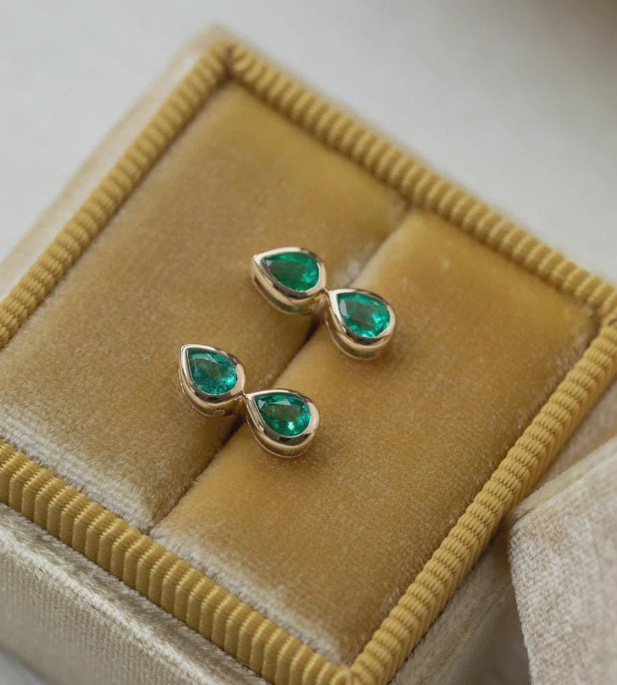 Emerald Duo Pear Stud Earrings, Solid 14k Gold Two Stone Piercing, Minimalist Pear Cut Emerald Earrings for Women, May Birthstone Gift