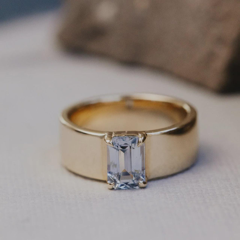 Emerald Cut Aquamarine Cigar Band Silver Statement Ring | Anima jewels