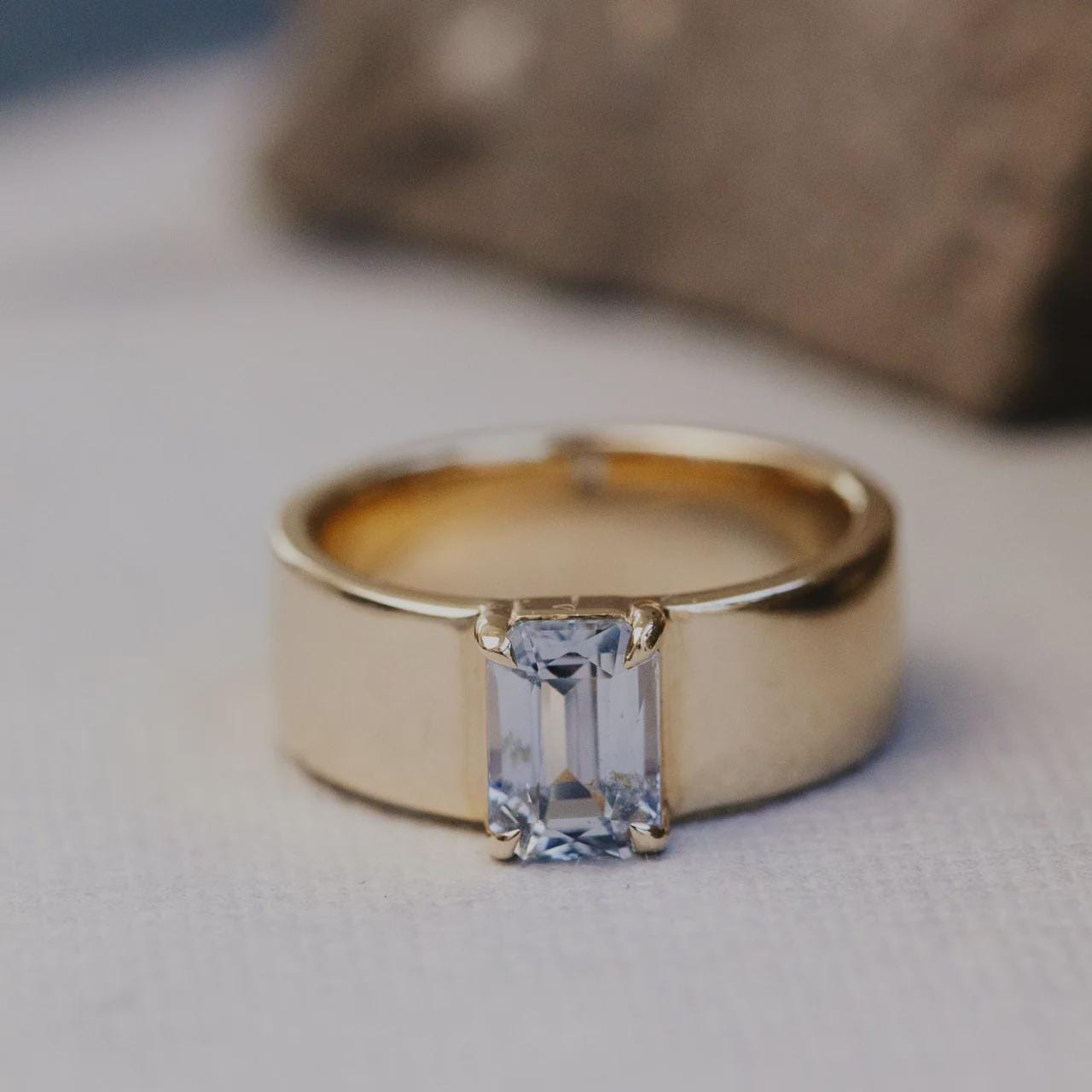 Emerald Cut Aquamarine Cigar Band Silver Statement Ring | Anima jewels