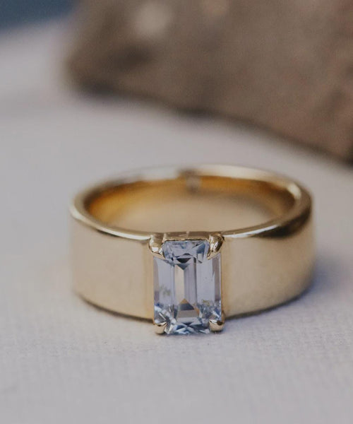 Emerald Cut Aquamarine Cigar Band Silver Statement Ring | Anima jewels
