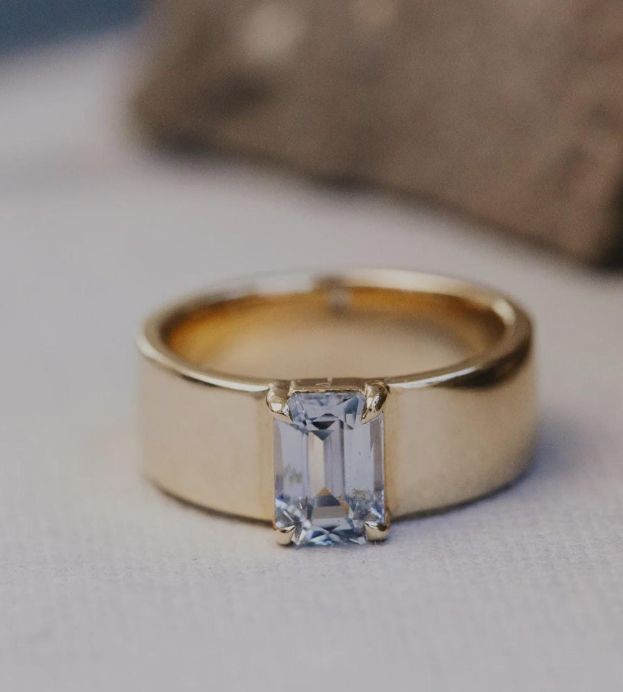 Emerald Cut Aquamarine Cigar Band Silver Statement Ring | Anima jewels