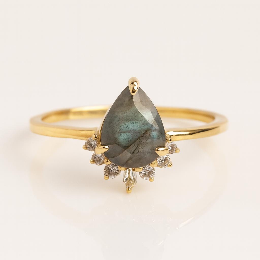 Pear Labradorite Drop Ring | 925 Sterling Silver Boho Engagement Band | Anima jewels