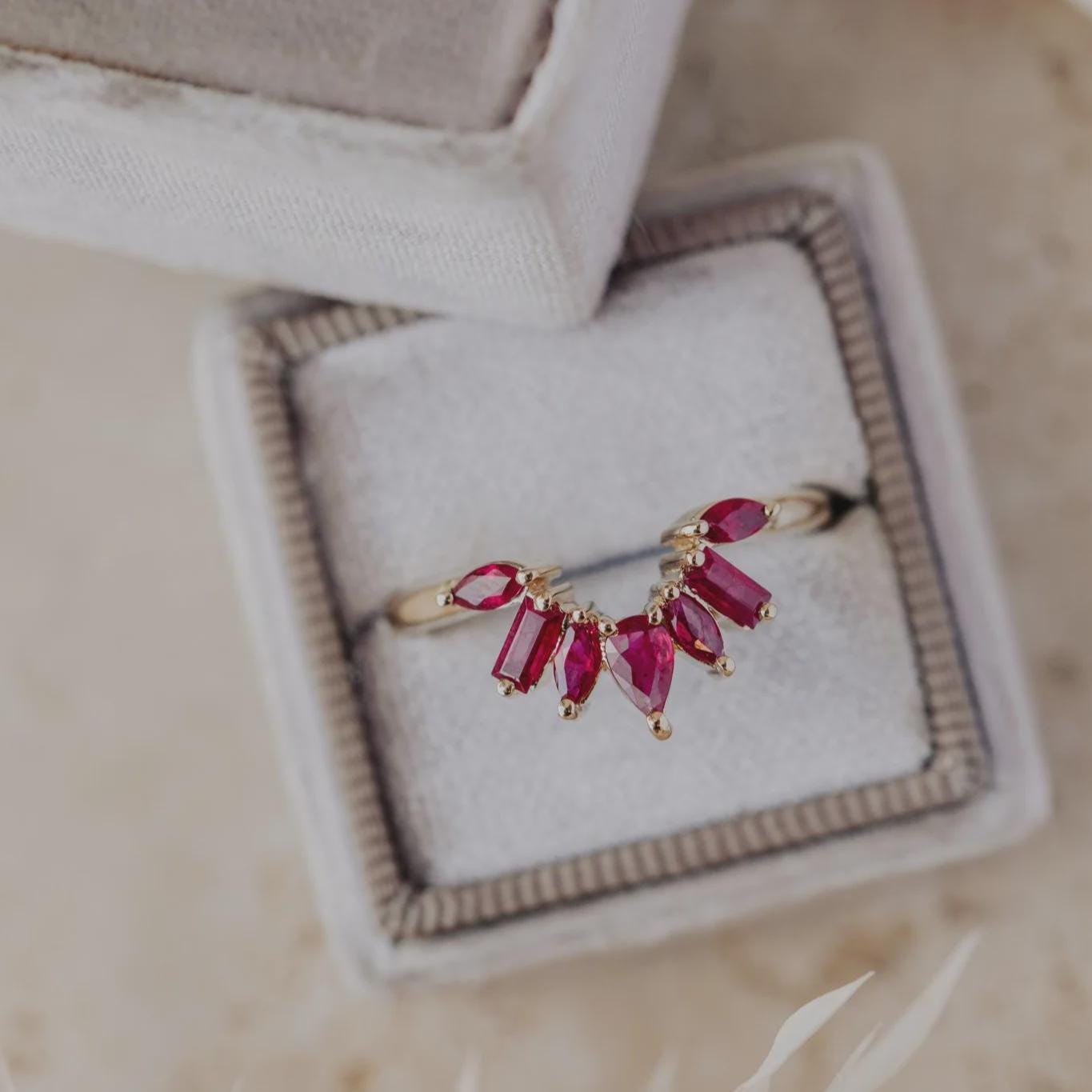 Ruby Curved Wedding Band Silver Leaf Stacking Ring | Anima jewels