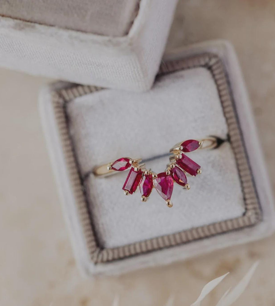 Ruby Curved Wedding Band Silver Leaf Stacking Ring | Anima jewels