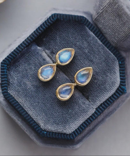 Duo Pear Natural Moonstone Stud Earrings in Solid 14k Gold | Anima Jewels