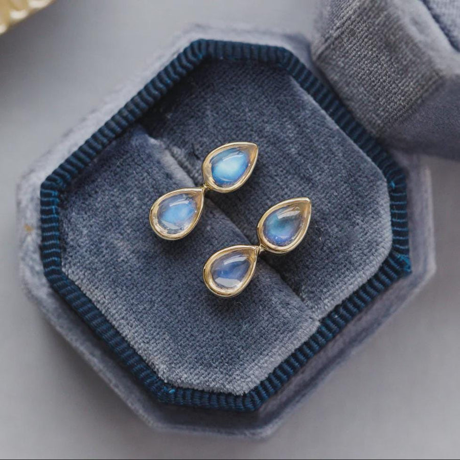 Duo Pear Natural Moonstone Stud Earrings in Solid 14k Gold | Anima Jewels