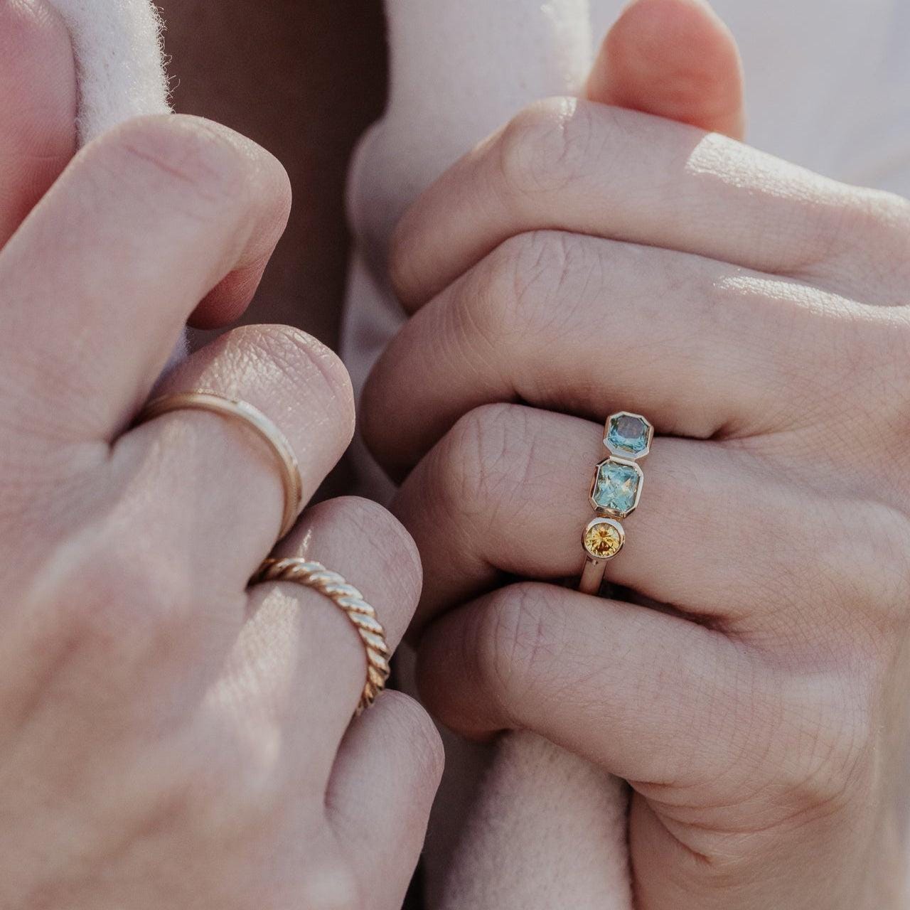 Montana Sapphire Three-Stone Bezel Ring Silver Engagement Band | Anima jewels